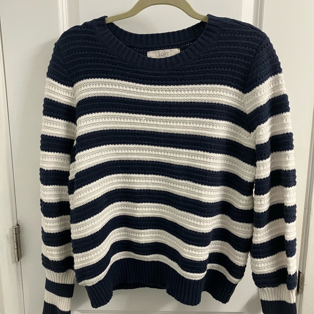 LOFT Striped Navy and White Crew Neck Sweater